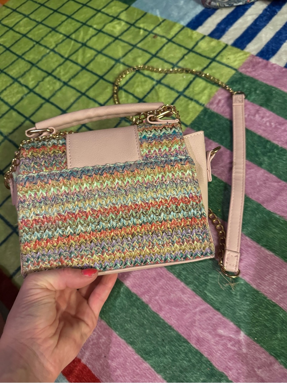 Pastel Multi-Color Woven Crossbody Bag with Pink Trim - Picture 2 of 3